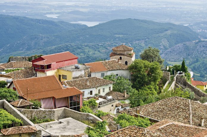 Panorama shot of houses and mountains in Kruje, Albania