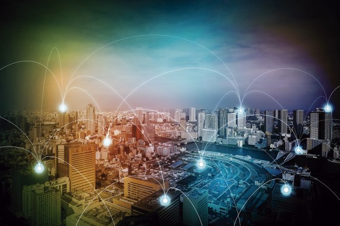 modern cityscape and wireless sensor network