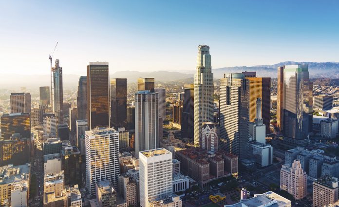 Aerial view of a Downtown LA at sunset
