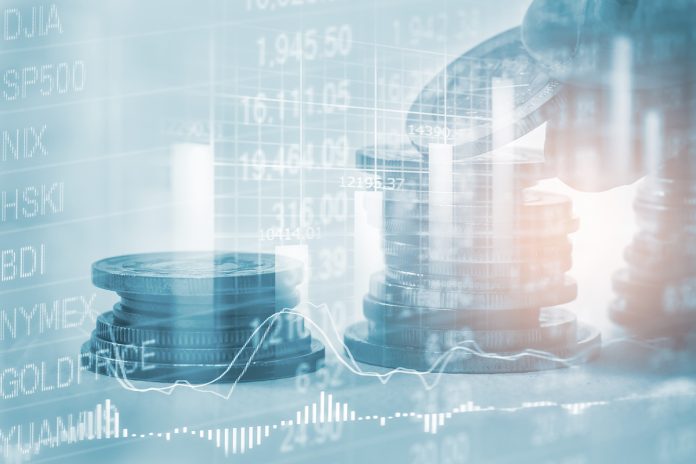 Index graph of stock market financial indicator analysis on LED. Abstract stock market data trade concept. Stock market financial data trade graph background. Global financial graph analysis concept.