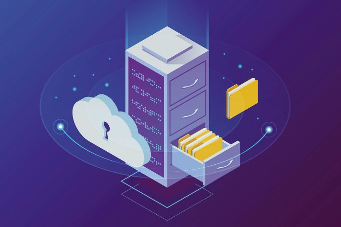 Isometric cloud computing concept represented by a server, with a cloud representation hologram concept. Data center cloud, computer connection, hosting server, database synchronize technology