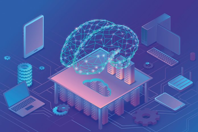 Artificial intelligence concept with electric brain and neural network, isometric 3d illustration with smartphone, laptop, mobile gadget, modern data storage banner, landing page background